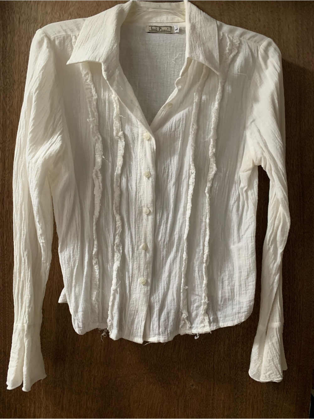 Vintage Y2K White Crinkle Gauze Buttoned Blouse with Raw Edge Tuxedo Ruffles